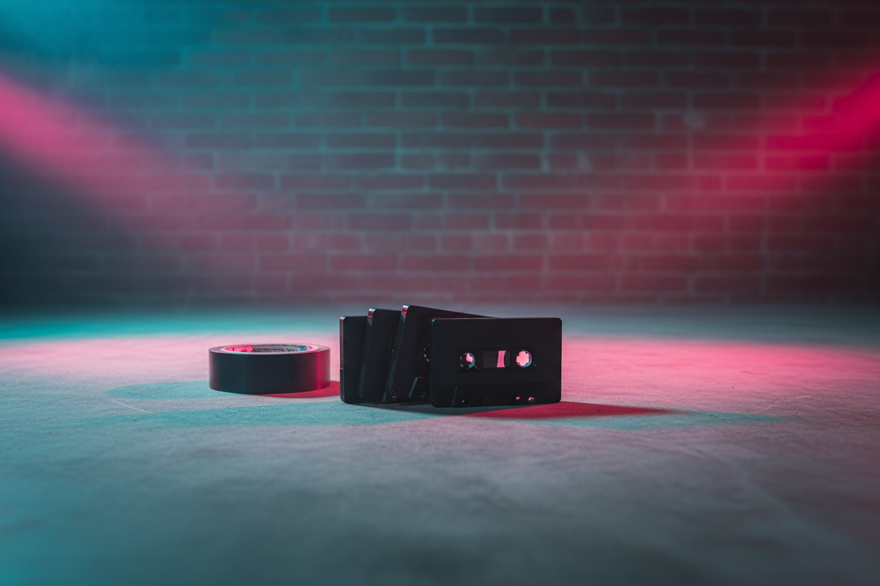 Four black cassette tapes fanned on concrete warehouse floor with magenta-cyan stage lighting
