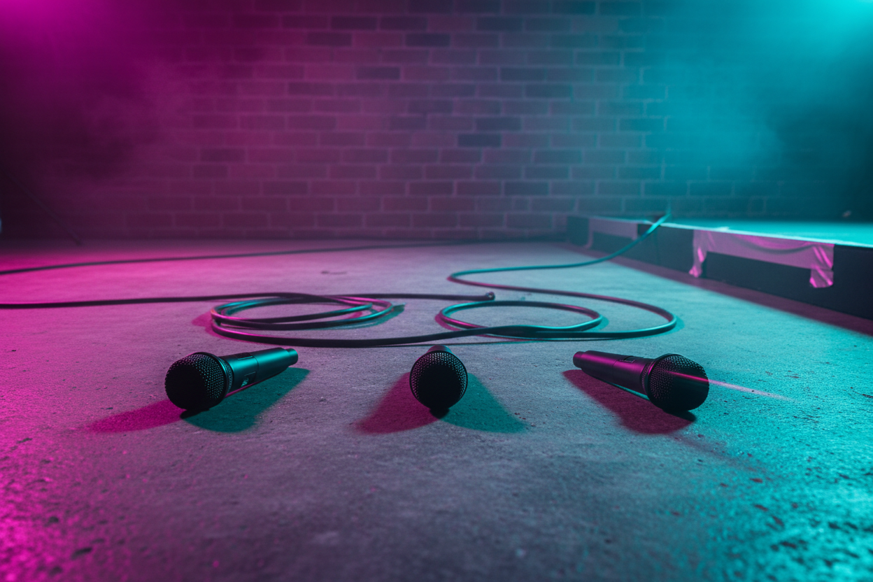 Three black wireless microphones lying parallel on concrete warehouse floor with magenta-cyan stage lighting