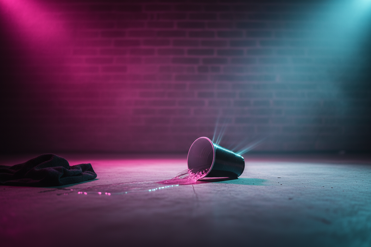 Black plastic cup mid-spill on concrete warehouse floor with magenta-cyan stage lighting