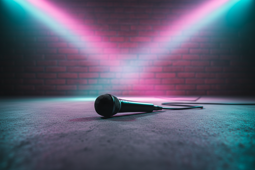Black wireless microphone on concrete warehouse floor with magenta-cyan stage lighting