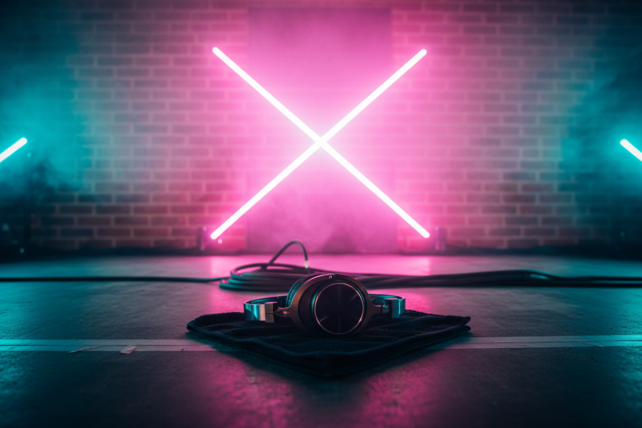 Black tour towel with over-ear headphones on concrete warehouse floor with magenta-cyan stage lighting