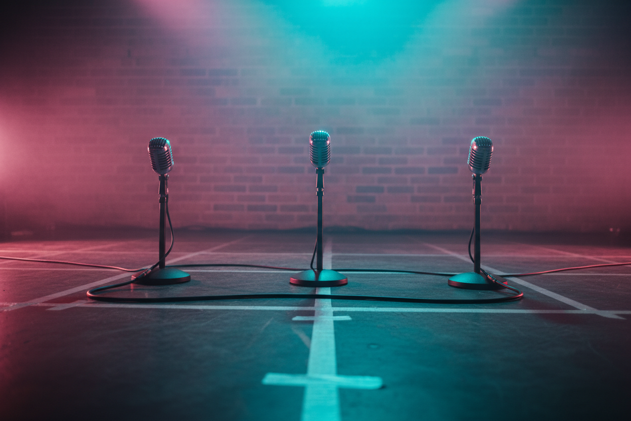 Three black wireless microphones upright on concrete warehouse floor with magenta-cyan stage lighting