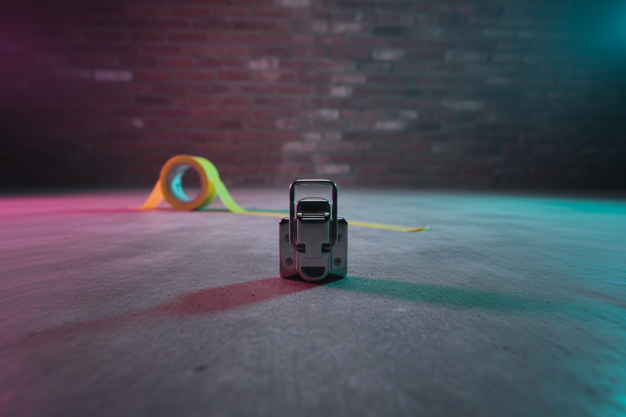 Open road-case latch on concrete warehouse floor with magenta-cyan stage lighting