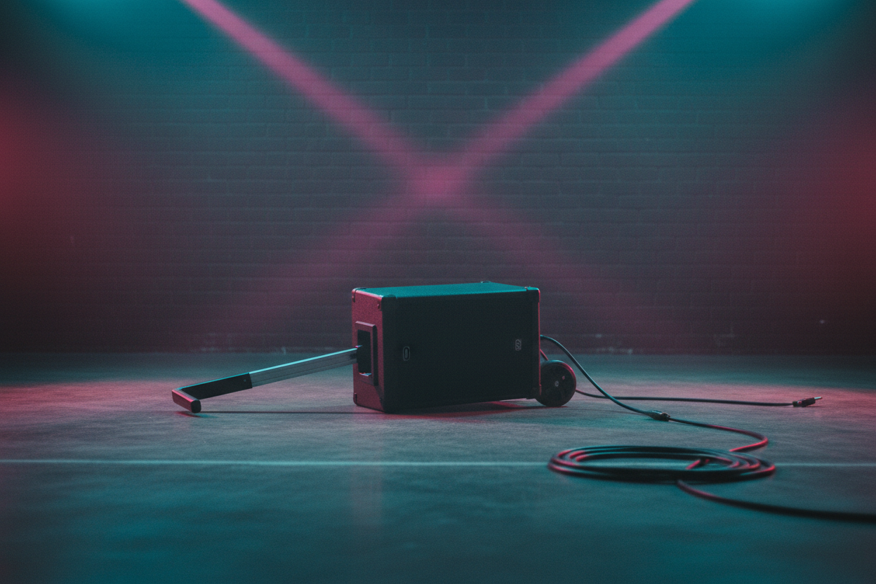 Black 10-inch subwoofer cabinet with retractable handle on concrete warehouse floor with magenta-cyan stage lighting