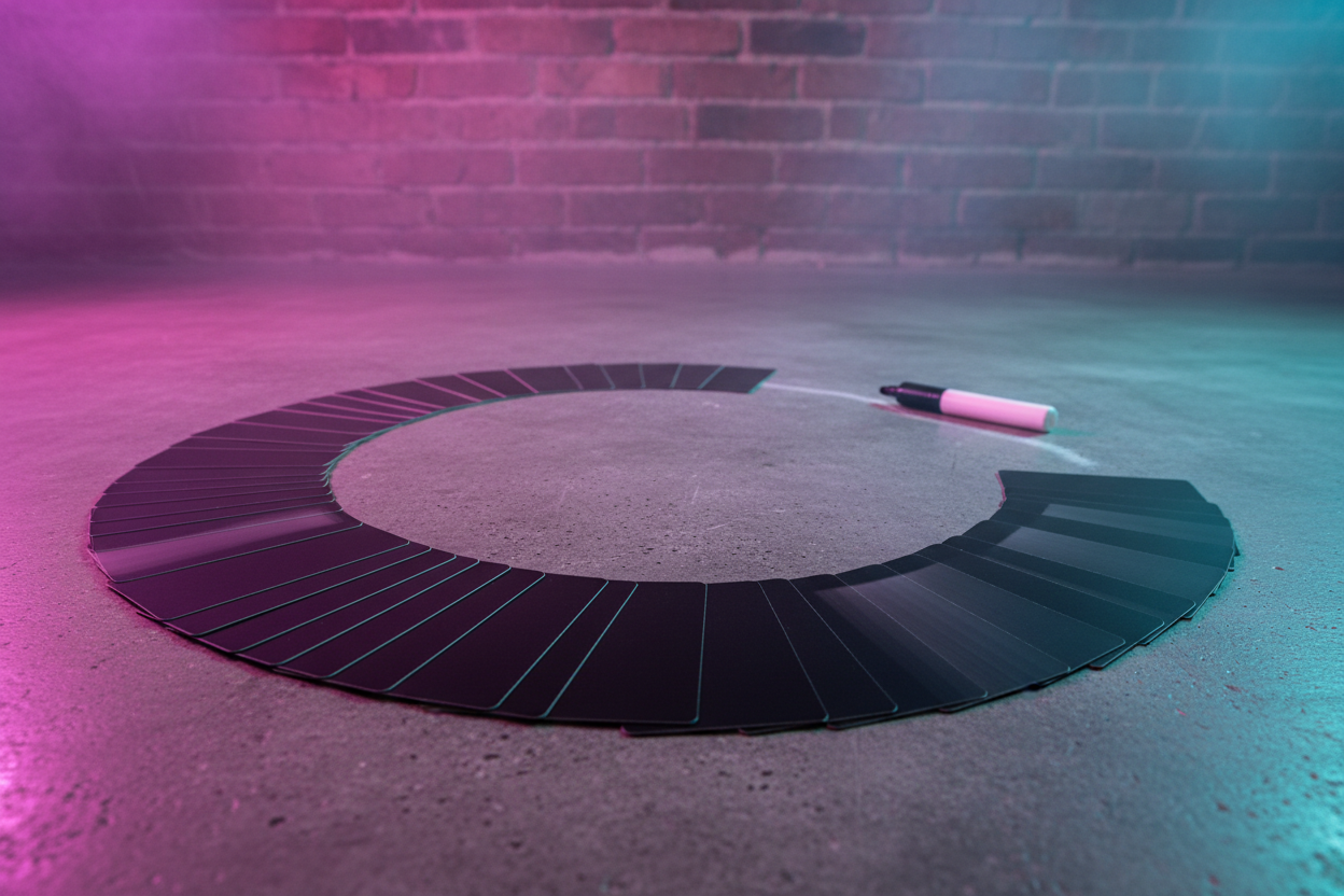 Fan of matte black cards on concrete warehouse floor with white grease marker and magenta-cyan stage lighting