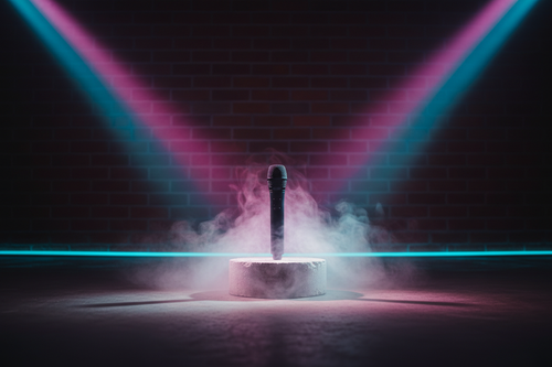 Black wireless microphone upright on concrete warehouse floor with magenta-cyan stage lighting