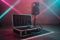 Open road case with microphones and mixer beside 400W PA speaker on concrete warehouse floor with magenta-cyan stage lighting