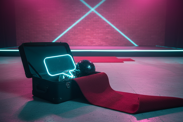 Open black soft-shell trunk with props spilling out on concrete warehouse floor with magenta-cyan stage lighting