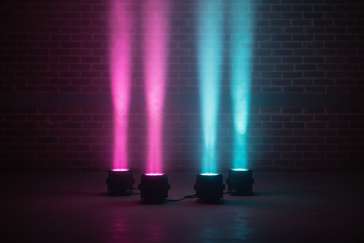 Four black cylindrical uplights on concrete warehouse floor emitting magenta and cyan beams through stage haze