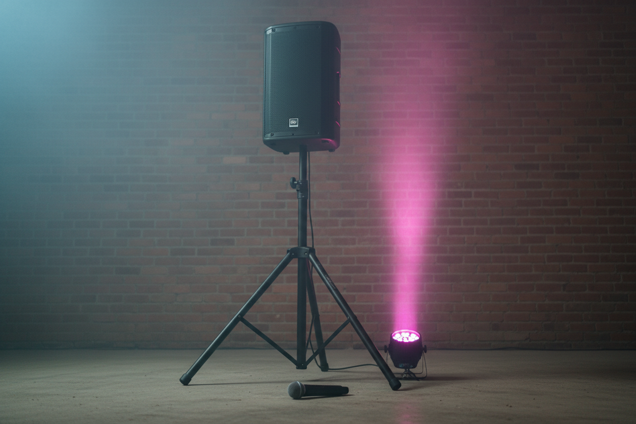 Black PA speaker on tripod with wireless mic and LED light on concrete warehouse floor with magenta-cyan stage lighting